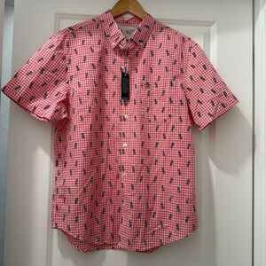 Penguin Checkered Pineapple Print Button Down Short Sleeve Shirt Size L